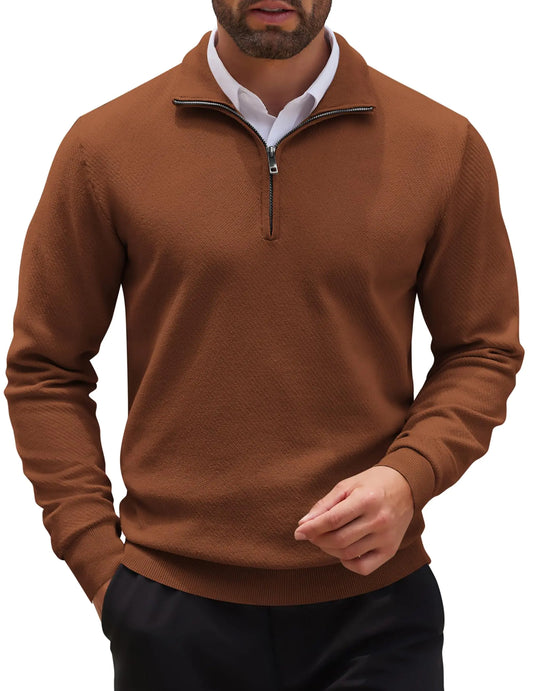COOFANDY Mens Quarter Zip Up Sweaters Slim Fit Casual Long Sleeve Knitted Mock Neck Pullover Sweaters Brown